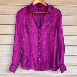 WHBM Purple Snake Skin Pattern 100% Silk Long Sleeve Blouse Sz 8